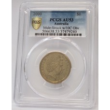 AUSTRALIA 2000 . ONE 1 DOLLAR COIN . ERROR . MULE . STRUCK ON TEN 10 CENTS